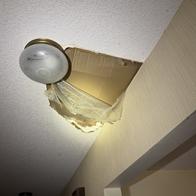 Pipe leak damage exposing a large opening in a popcorn ceiling near a light fixture