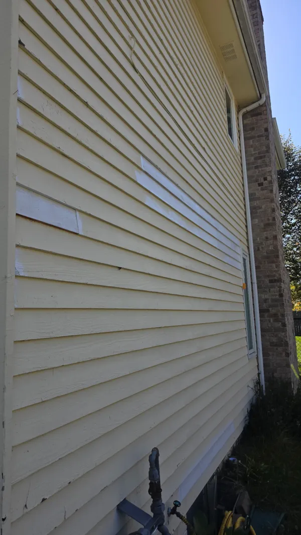 Primed siding patches on a Burnsville side wall before the finish coat of paint